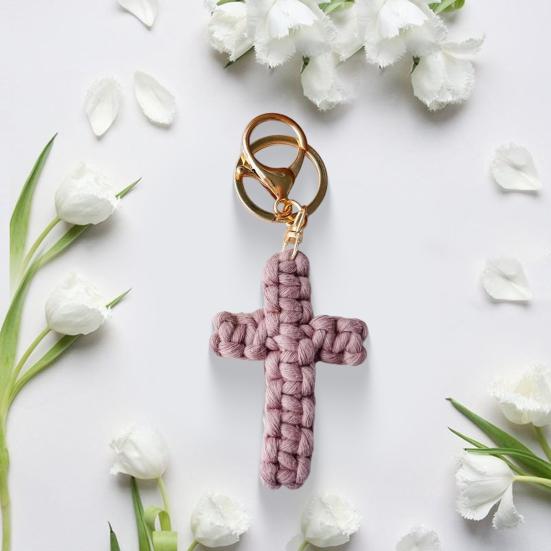 Handmade Christian Cross-shaped Keychain with Golden Ring Compact Comfortable Prayer Pendant Religious Accessory