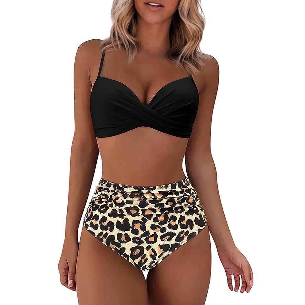 Women's Spring And Summer Sexy Print Split High Waist Bikini Swimsuit (2 Sets)