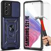 Protective Case - BOOLING - for Samsung Galaxy S21 FE - 2 Tempered Glasses - Hard Case - Shockproof Navy Blue