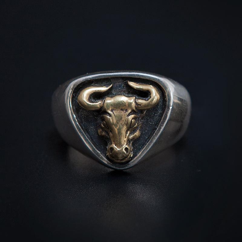 Двухцветный бычий ринг от Chiba Jewelry: Регулируемое мужское кольцо в ретро-стиле, медь и серебро