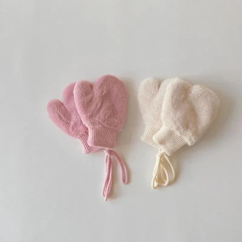 Baby Cartoon Bear Label Mittens Winter Warm Kids Girls Gloves Soft Fur Children Toddler Thick Child Fleece Cartoon Mittens 1-4Y
