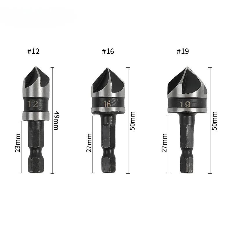 3PC Hexagonal Shank 90 Degree Black Five Blade Chamferer 12/16/19mm Countersink Drill Woodworking Hole Opener Tool Set