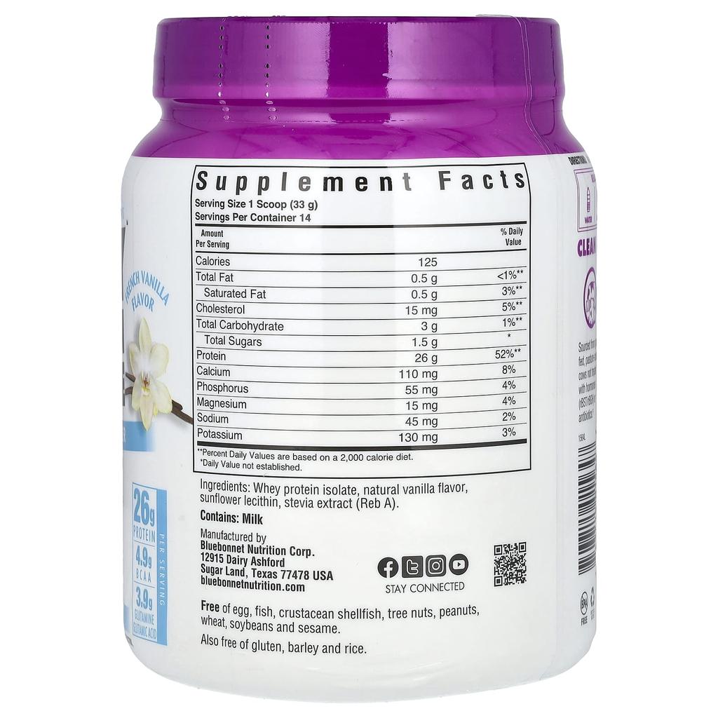 Bluebonnet Nutrition Whey Protein Isolate, French Vanilla Flavor, 1 Lb (462 G)