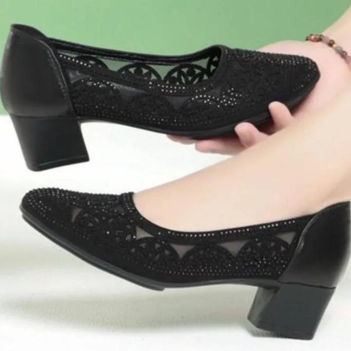 Женские сандалии, сетка, полый дизайн, украшения со стразами, женские сандалии из мягкой кожи, противоскользящая мягкая подошва, дышащие туфли на высоком каблуке для поездок на работу