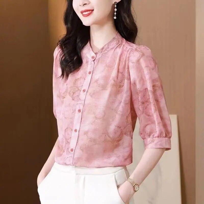 Шифоновая рубашка с цветочным принтом, женская блузка с рукавом 3/4, новый летний свободный топ с круглым воротником, M-4XL