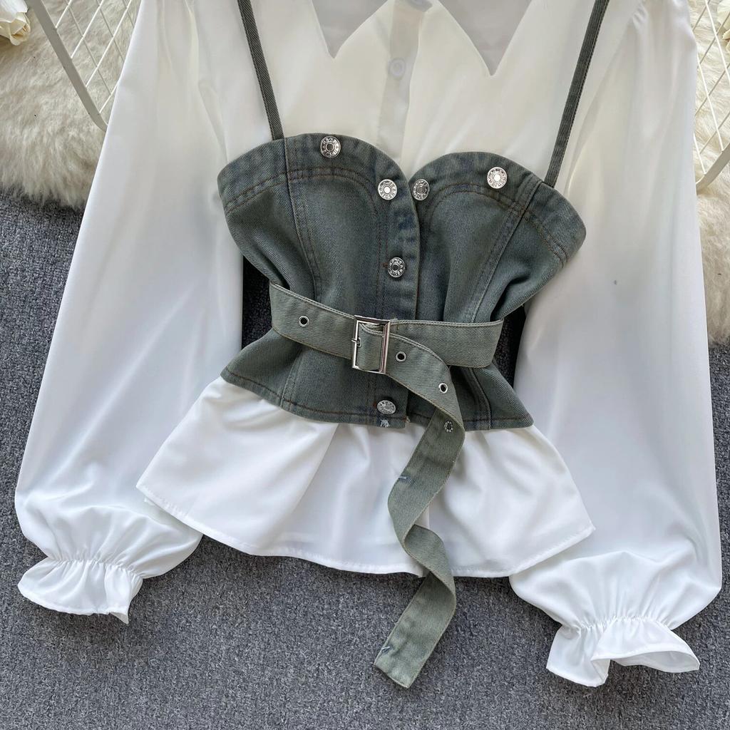 Korean Series Wear Age-Reducing Set Retro Denim Cami Stacked All-Matching Puff Sleeve Shirts Two-piece Set Top