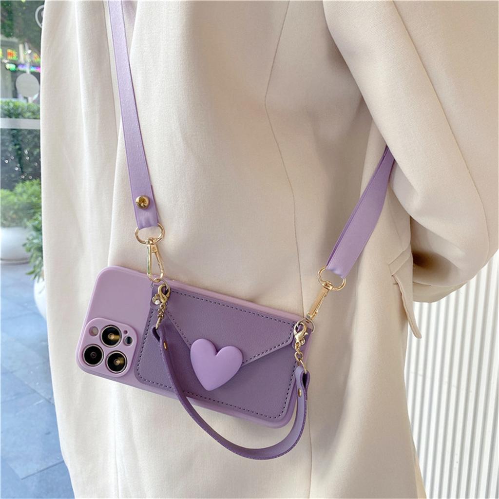 Crossbody Lanyard Necklace Strap Card Holder Purple Case for iPhone 11 15 16 14 Pro Max X XS XR Max Coin Purse Cover