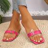 Fashion Luxury Rosy Red Flat Slippers for Women Summer Beach Buckle Decor Square Toe Sandals New Transparent Band Low Heel Slides Mujer