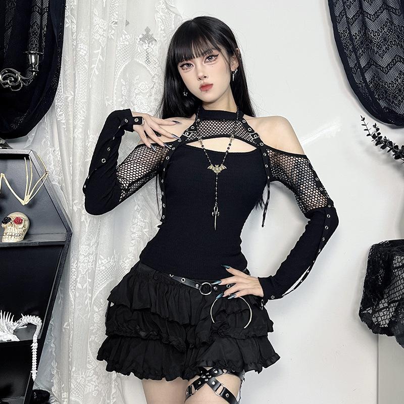 AltGoth Mall Gothic Sexy T-shirt Women Streetwear Harajuku Y2k E-girl Mesh Patchwork Hollow Out Long Sleeve Halter Crop Tee Tops