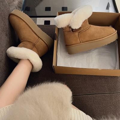 Шерсть~ 2025 женские зимние меховые интегрированные ботинки с роговой пряжкой, хлопковая обувь, нескользящие теплые ботинки на толстой подошве для снега