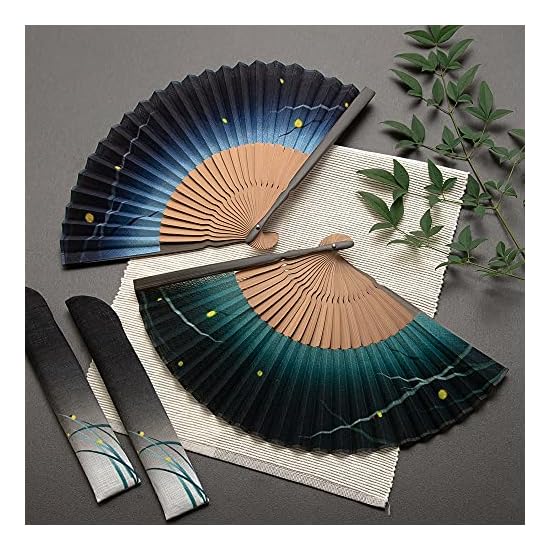 [Osaka Choseido] Men's Stylish Business Folding Fan Case & Handkerchief Set, Hotarugusa Green