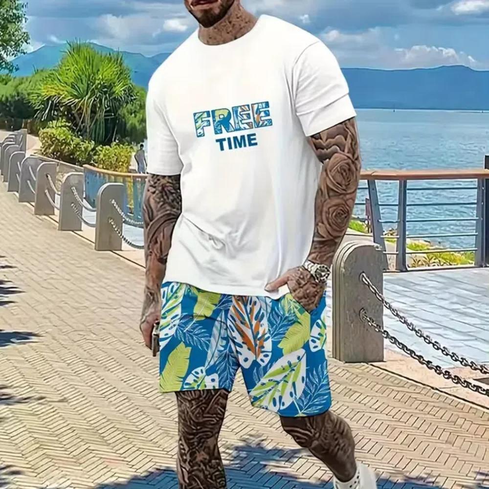 Комплект из 2 предметов для мужчин, повседневная футболка с коротким рукавом и шорты на шнурке, летний комплект мужской одежды для отдыха, отпуска, тренировок