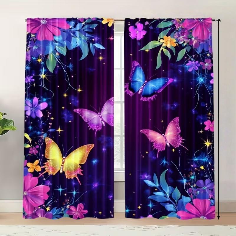 2 шт. Фиолетовые шторы с принтом бабочек, подходят для спальни, гостиной, кухни, декора дома, декора окон
