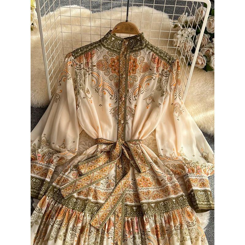 Accessible Luxury Lantern Single-Breasted Elegance Print Dress