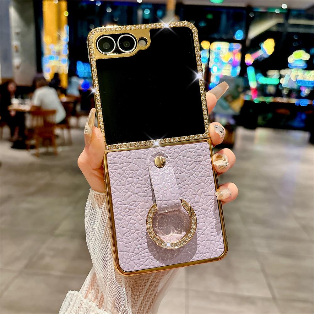Luxury Rhinestone Plating Frame Lychee Leather Phone Case For SAMSUNG Z Flip 7 6 5 4 3 Finger Ring Solid Color Protective Cover