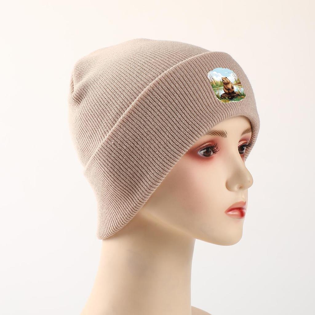 Hamster River Warm Knitted Hat Beanie, Animal Woman Cap Cozy Stretchy Leisure Gorro Knitted Cap Beanie