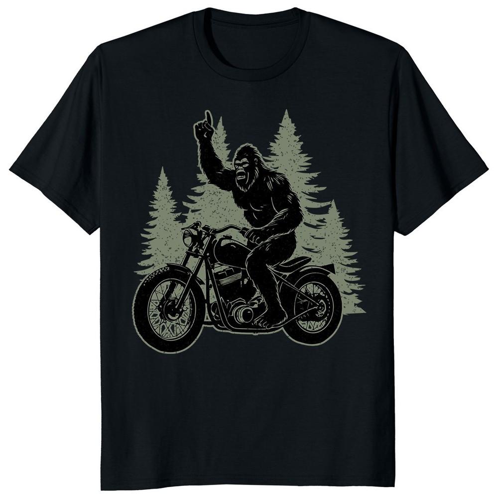 Bigfoot Riding Motorcycle in Forest T-shirt