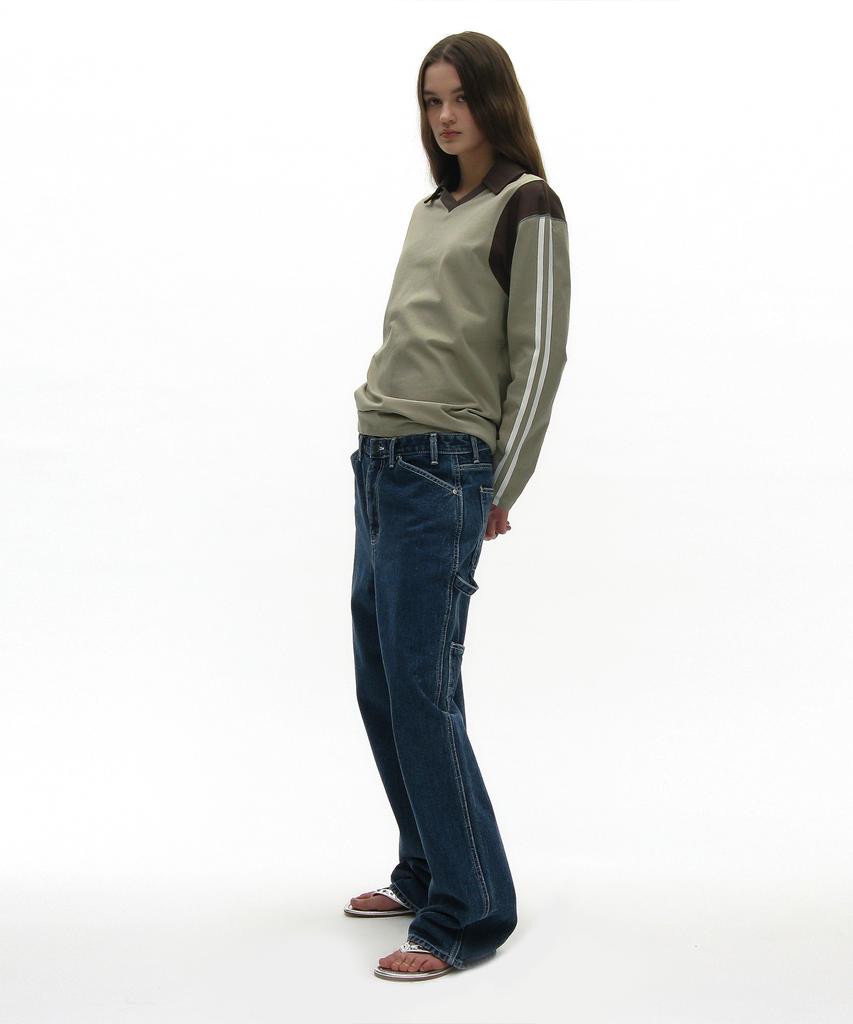 PARTIMENTO WOMEN Striped Colorblock Polo Tee_Light Khaki
