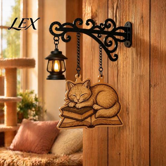 Bookworm Office Accessory Vintage Bookshelf Light with Cat Sleeping on Book Design, Retro Lantern Small Indoor Accent Lamp for Reading, Decorative LED