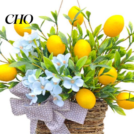 Home Decoration Wreath Yellow Lemon Door Hanger Basket for Front Artificial Fruits Flower Spring Summer with Woven Farmhouse Porch Wall Decor Floral