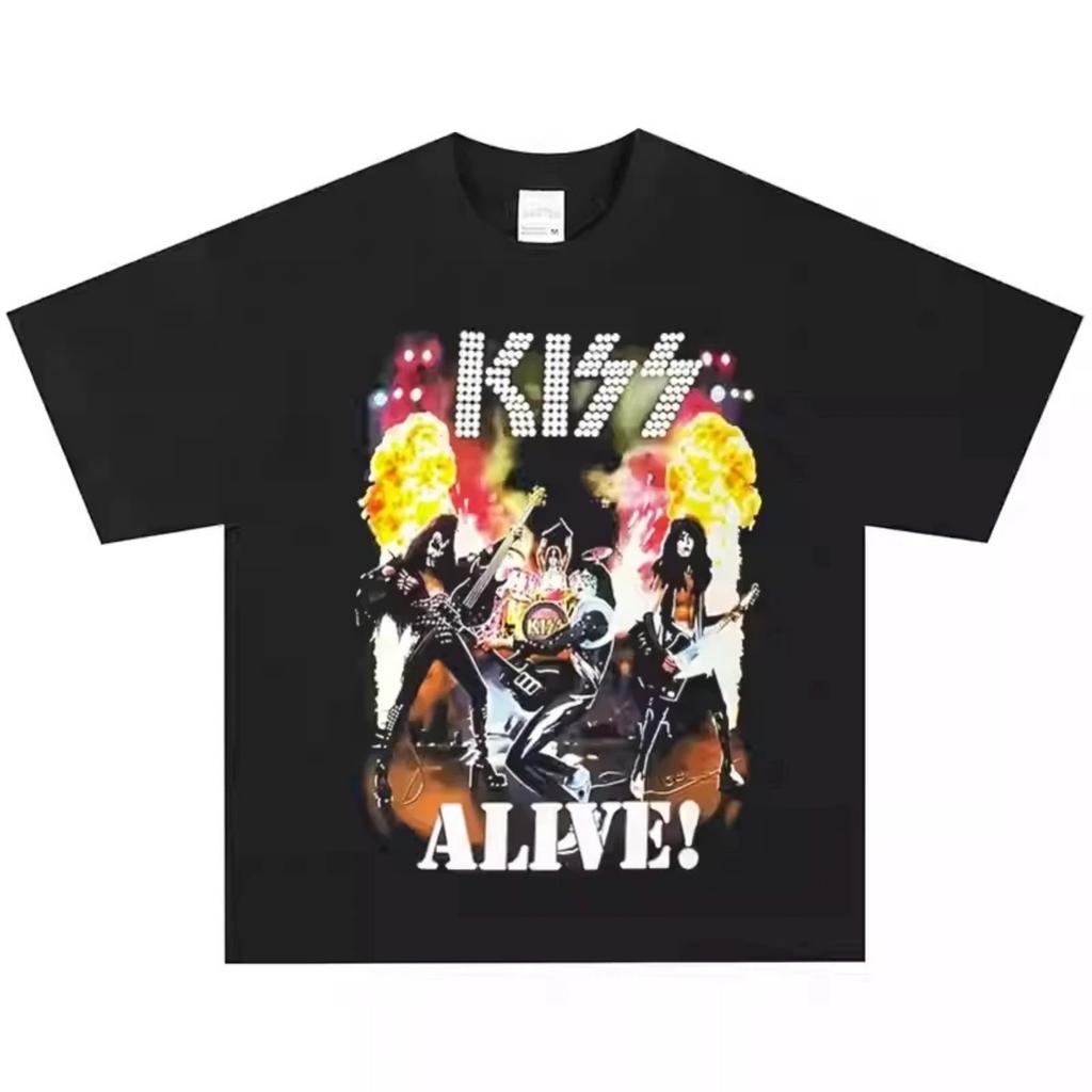 Футболка 2025 Kiss Alive, Рок-группа, Американский Ретро Уличный Хип-хоп, С коротким рукавом, Винтажная, Модная, Высококачественный, Бренд Люкс