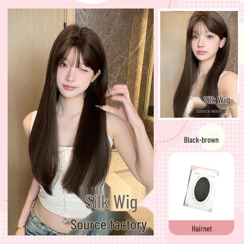 Silk Happy Long Straight Black/Brown Wigs for Women with Round Faces - Natural Lolita Style