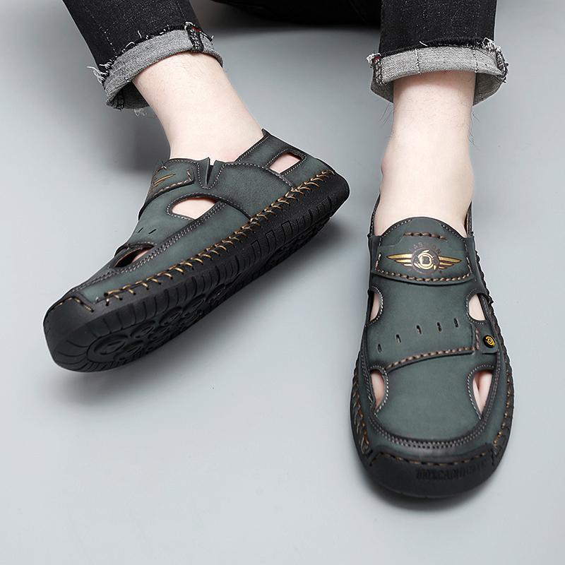 39-48 Летние мужские кожаные пляжные сандалии ручной работы Мужские сандалии с закрытым носком Сандалии большого размера