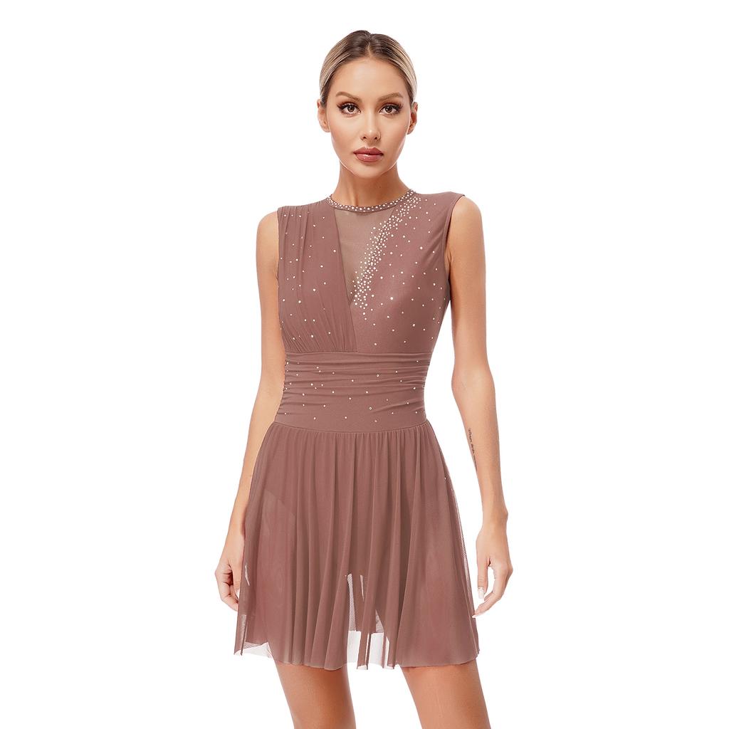 Женское платье для фигурного катания, современное лирическое балетное танцевальное трико-пачка без рукавов с блестящими стразами, гимнастическая танцевальная одежда для выступлений