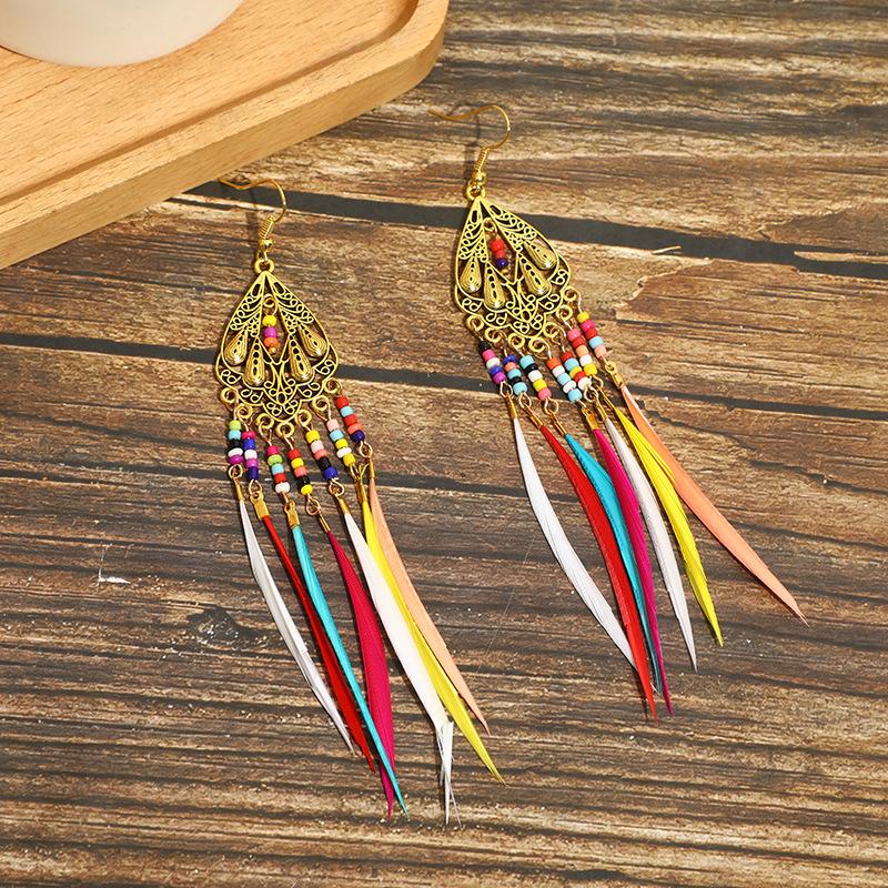 High-Value Feather Earrings Bohemian Long Tassel Photo Women'S Ear Hooks Personalized Earrings