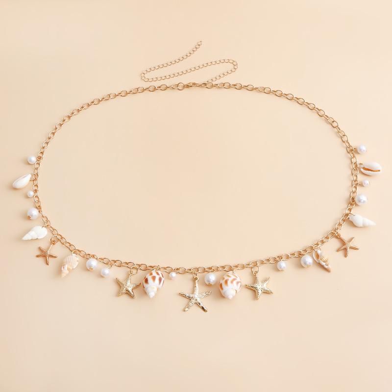 Bohemian Summer Beach Shell Waist Chain for Women Seaside Imitation Pearl Starfish Conch Pendant Body Chain Fashion Jewelry Gift