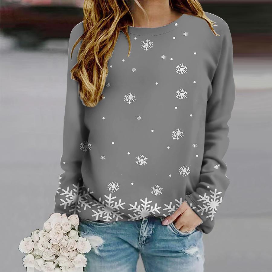 Tops For Women Dotted Snowflakes Print Round Neck Long Sleeve T-shirt Fall Casual Slim Pullover Women's Long Sleeve Top