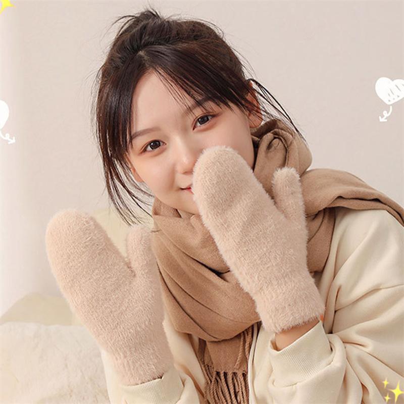Женские зимние теплые кашемировые однотонные искусственные меховые норки эластичные мягкие варежки с полными пальцами милые перчатки для девочек