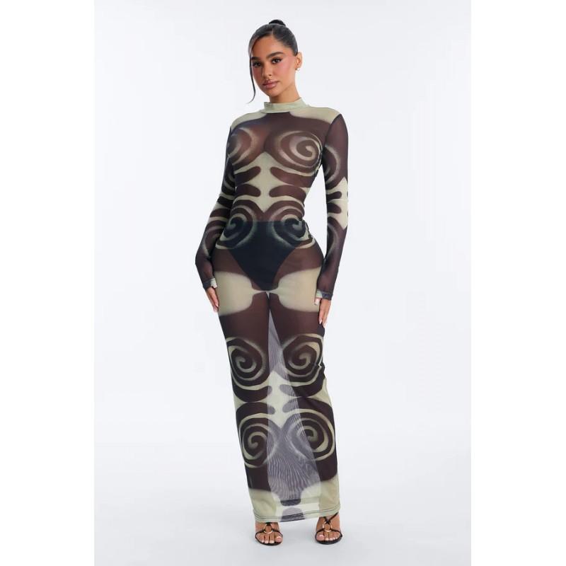 Womens Sexy Mesh Printed Long Sleeve Dress Round Neck High Waist Slim Fit 2026 Fall