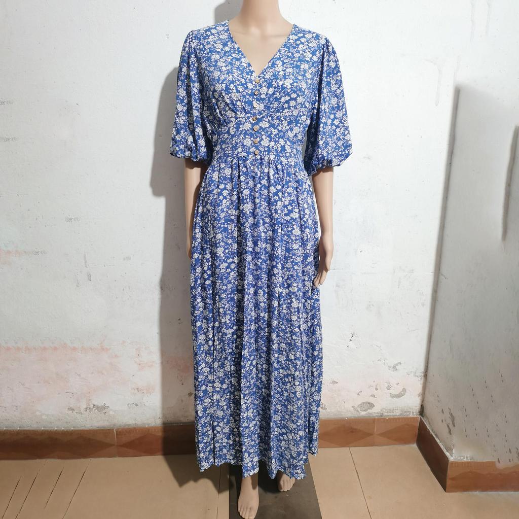 Женское весеннее короткое платье с рукавами-фонариками, цветочным принтом и V-образным вырезом, летнее повседневное платье А-силуэта длиной до щиколотки, эластичное, с высокой талией и разрезом, в стиле бохо, пляжные платья