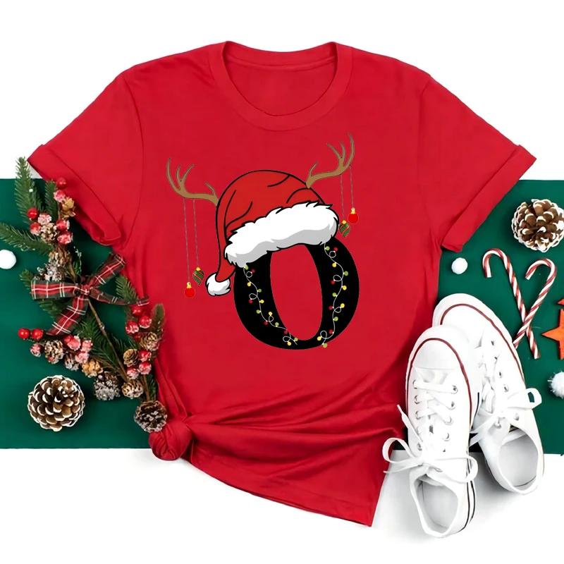 Новая футболка с рождественским алфавитом 26 A~Z, женская повседневная модная футболка с коротким рукавом, эстетика рождественской вечеринки, красные футболки, топы