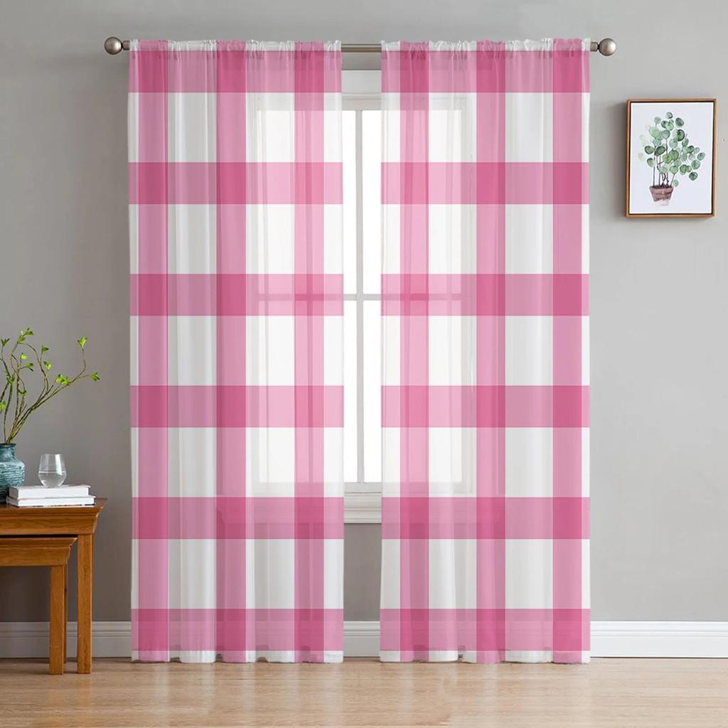 Black Grey Plaid Tulle Curtains For Living Room Bedroom Modern Chiffon Sheer Kitchen Curtains