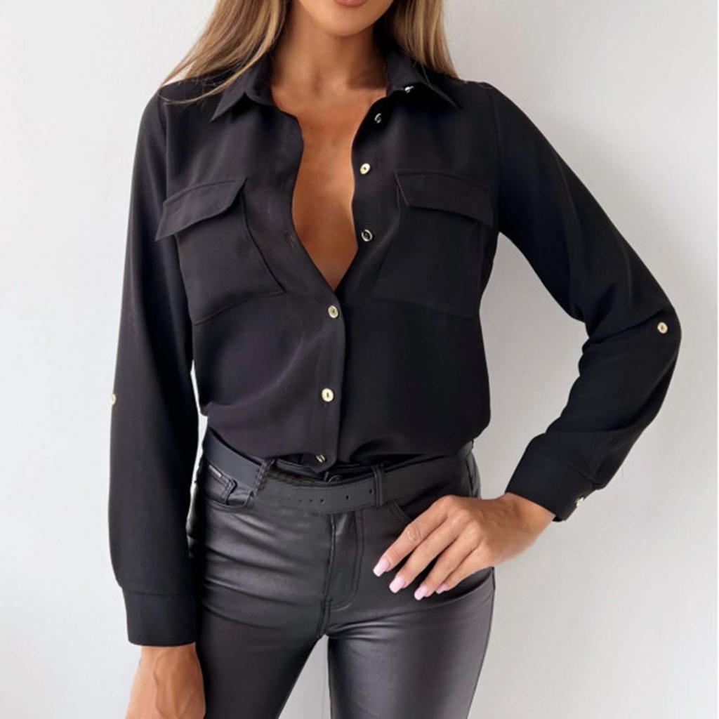 Women's Loose Fashion Shirts Solid Color Band Collar Long Sleeve Shirts Slim Tops