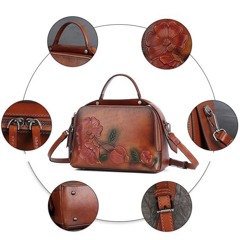 Genuine Leather Women Bag Flower Totem Embossing Ladies Handbags Vintage Design Shoulder Bags Fashion Crossbody Bag