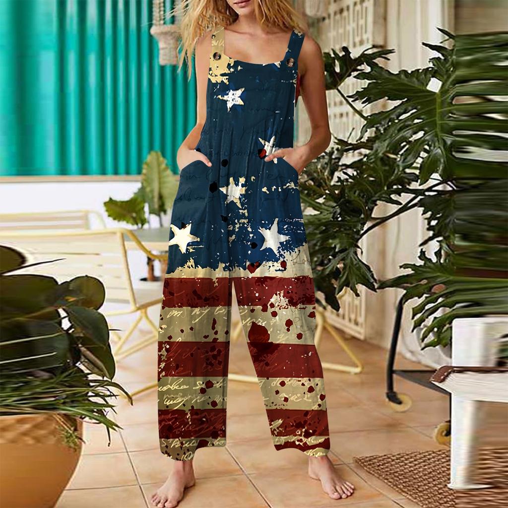 Женский модный комбинезон на пуговицах без рукавов с принтом ко Дню независимости