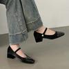Fashion Thick Heel Mary Jane Single Shoes Women's New Spring French Mid Heel Evening Black Square Head Small Leather Shoes