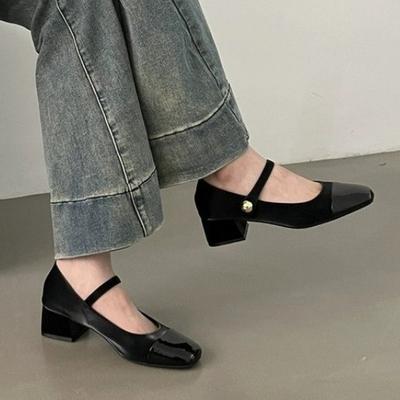 Модные туфли Мэри Джейн на толстом каблуке, женские, новые весенние, вечерние, черные, квадратные, на среднем каблуке, маленькие кожаные туфли