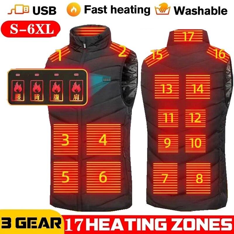 Men USB Infrared 17 Heating Areas Vest Jacket Men Winter Electric Heated Vest Waistcoat For Sports Hiking