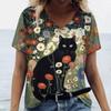 Summer Cartoon Cat Women's T Shirts Vintage Short Sleeve Tops Girls V-Neck Tees Female Clothing Oversized Pullover