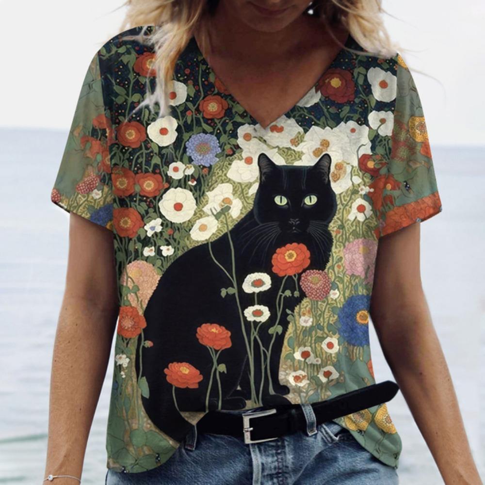Summer Cartoon Cat Women's T Shirts Vintage Short Sleeve Tops Girls V-Neck Tees Female Clothing Oversized Pullover
