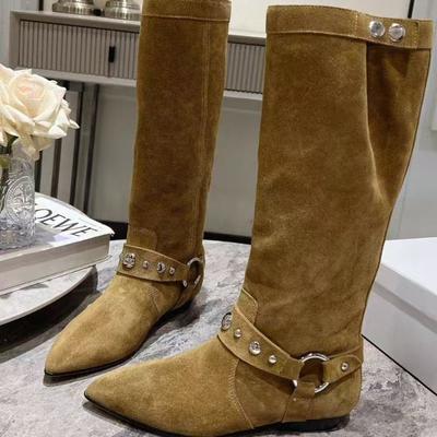 Версия из коровьей кожи~ Ботинки из натуральной кожи с острым носком в стиле ретро, женские сапоги в стиле вестерн с рукавами, длинные рыцарские сапоги, длинные ковбойские сапоги