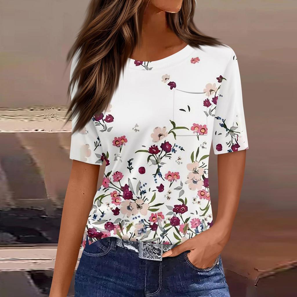 Футболки для женщин, плиссированные, с круглым вырезом, нарядные, повседневные, блузки с принтом, с коротким рукавом, летние топы, свободный крой