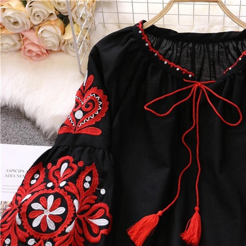 RUGOD Путешествия, отпуск, ретро, ​​этнический стиль, вышивка, кружевная кисточка, v-образный вырез, рубашка в западном стиле с рукавами-фонариками, женский свободный топ