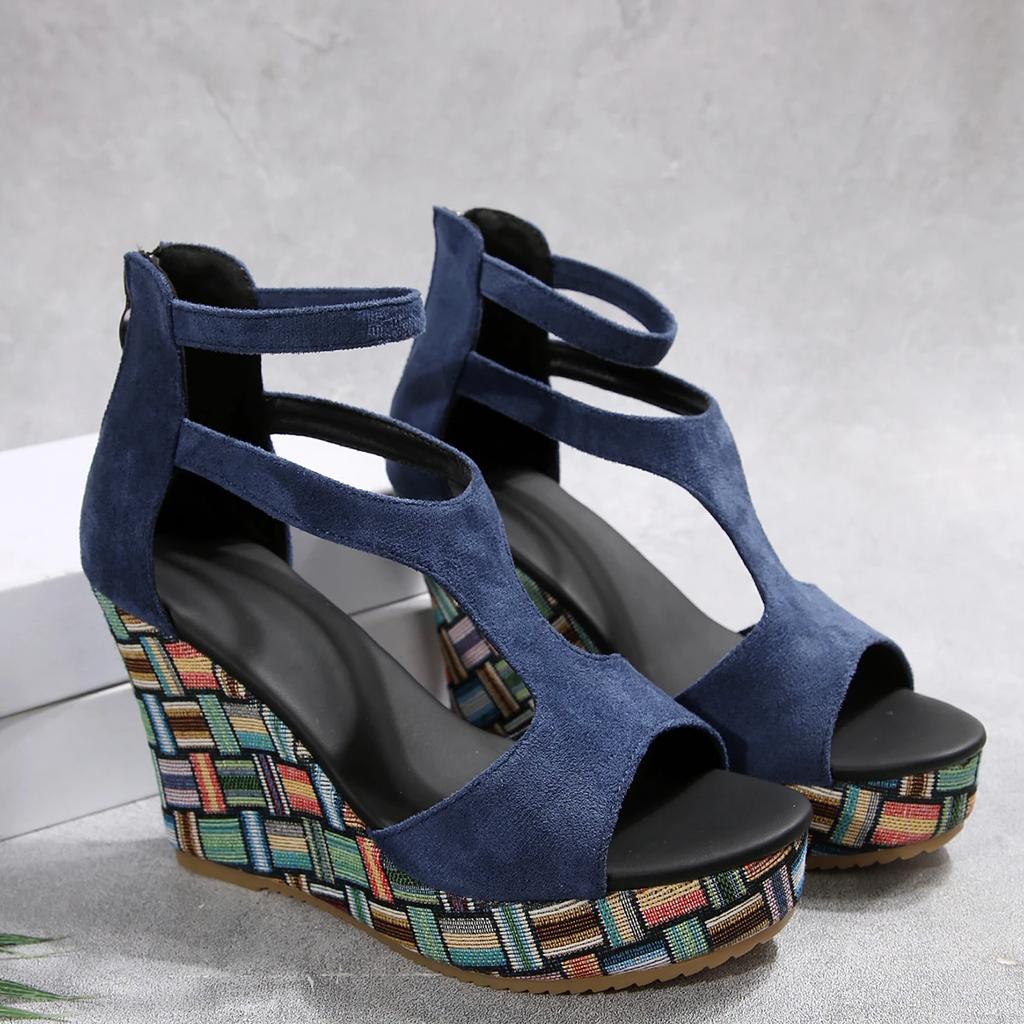 2025 Летние женские босоножки на танкетке с толстой подошвой и открытым носком, на высоком каблуке, большого размера, удобные туфли на платформе