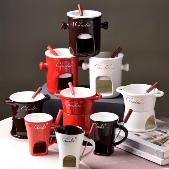 Набор кружек для шоколадного фондю, керамическая кружка для плавления шоколада с вилкой, свеча для свечей, горшочек для фондю для шоколадного сыра, масла
