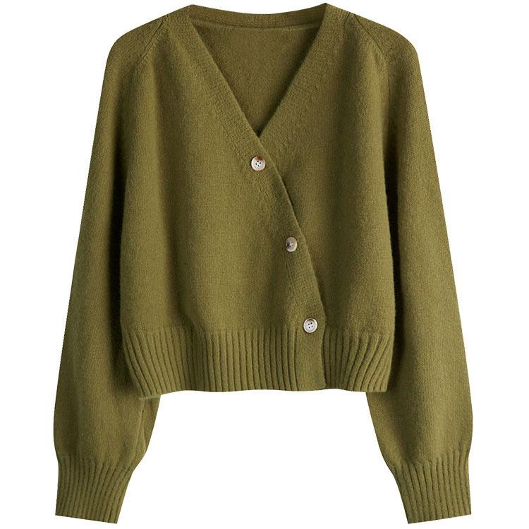 Корейская версия короткого кардигана с V-образным вырезом и диагональной грудью на весну и осень, новый свободный свитер в ленивом стиле для женщин